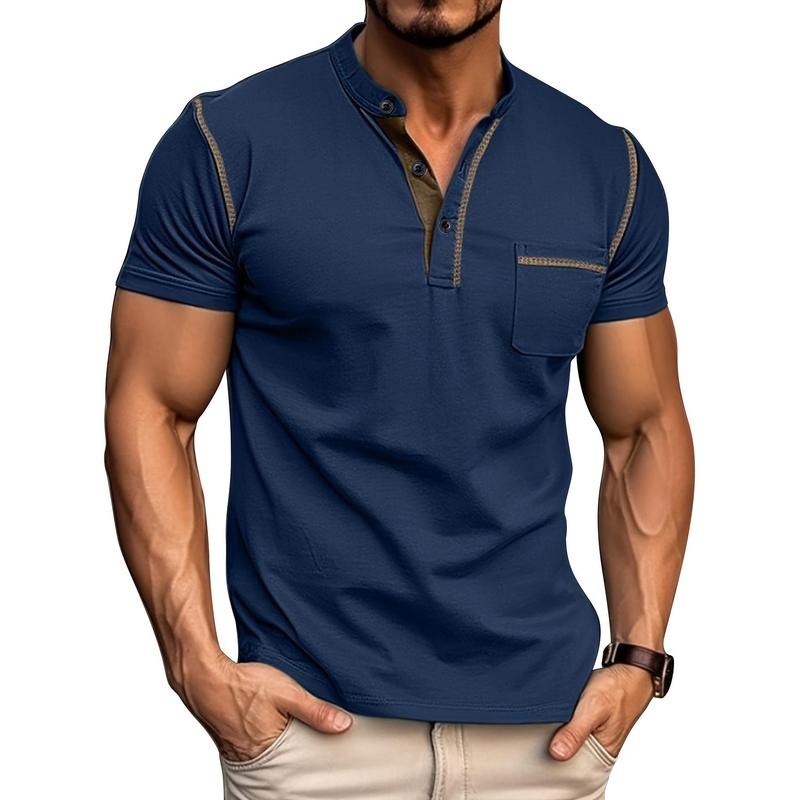 Men's Contrast Color Stripe Pattern Short Sleeve Henley Shirt With Breasted Pocket, Casual And Chic Tops For Summer Outdoors Wear