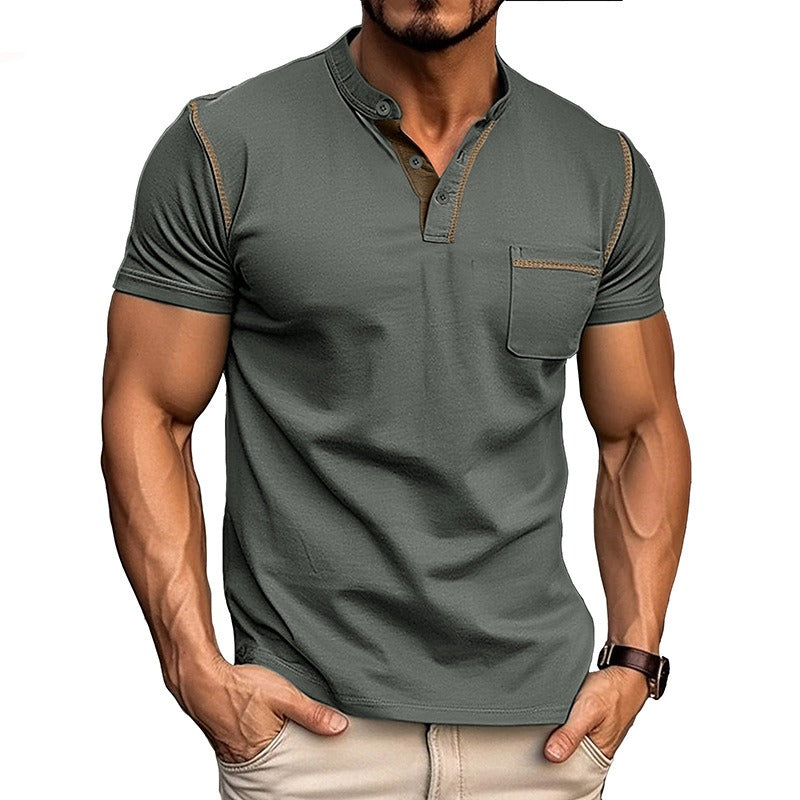 Men's Contrast Color Stripe Pattern Short Sleeve Henley Shirt With Breasted Pocket, Casual And Chic Tops For Summer Outdoors Wear