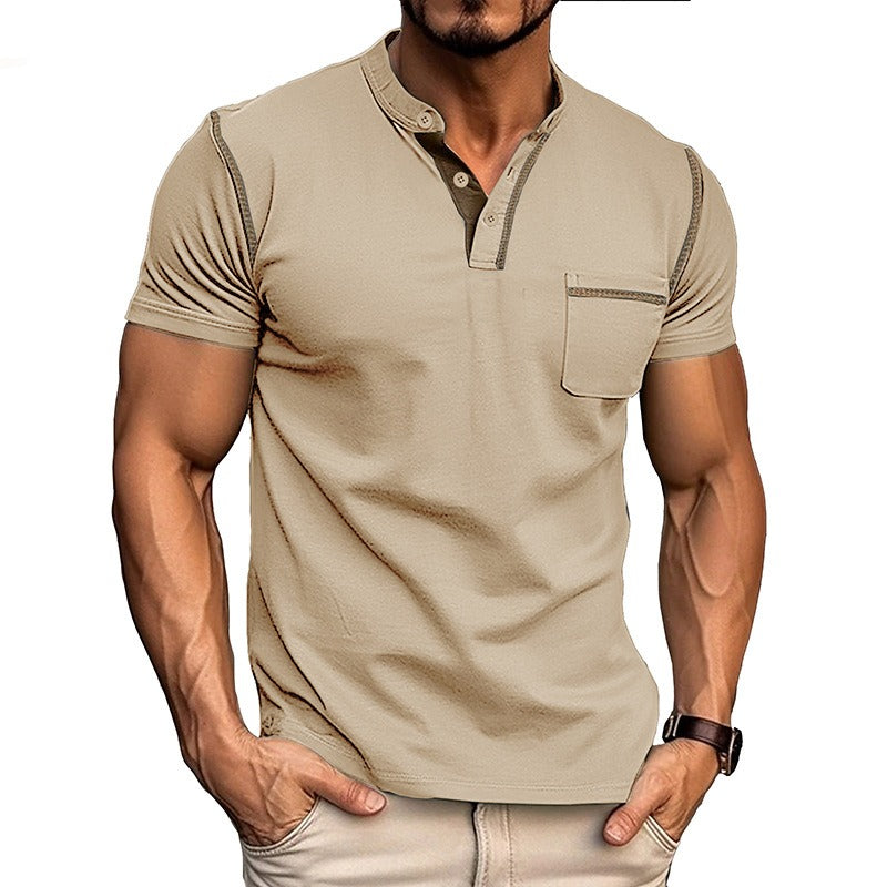 Men's Contrast Color Stripe Pattern Short Sleeve Henley Shirt With Breasted Pocket, Casual And Chic Tops For Summer Outdoors Wear