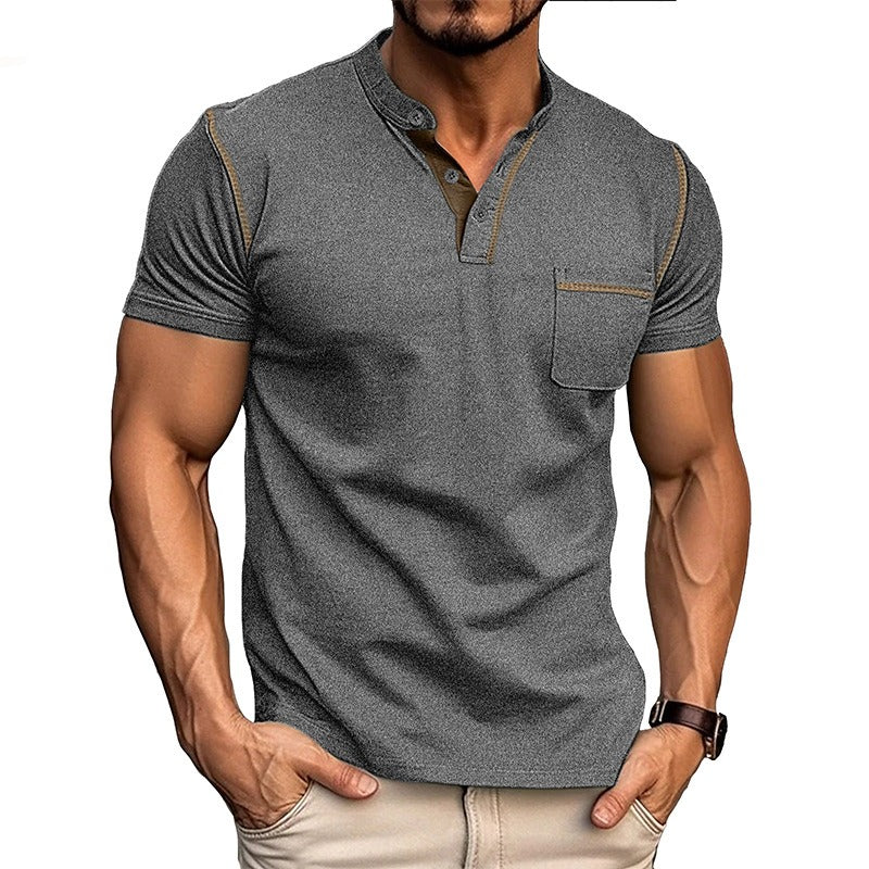 Men's Contrast Color Stripe Pattern Short Sleeve Henley Shirt With Breasted Pocket, Casual And Chic Tops For Summer Outdoors Wear