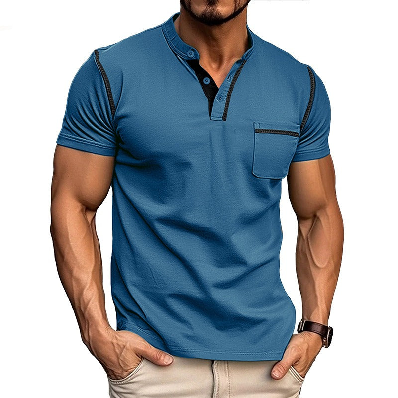 Men's Contrast Color Stripe Pattern Short Sleeve Henley Shirt With Breasted Pocket, Casual And Chic Tops For Summer Outdoors Wear