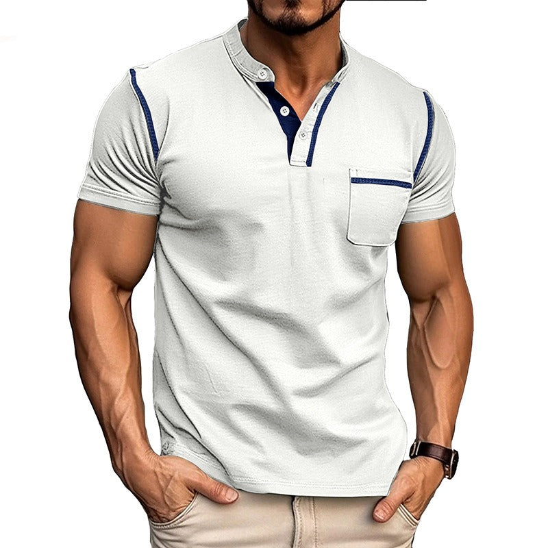 Men's Contrast Color Stripe Pattern Short Sleeve Henley Shirt With Breasted Pocket, Casual And Chic Tops For Summer Outdoors Wear