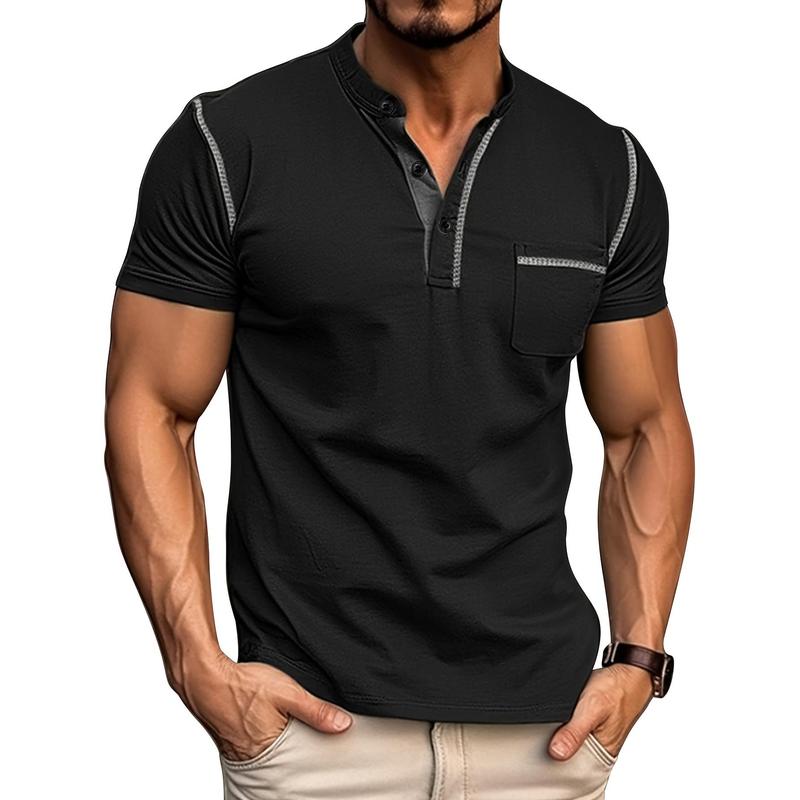 Men's Contrast Color Stripe Pattern Short Sleeve Henley Shirt With Breasted Pocket, Casual And Chic Tops For Summer Outdoors Wear