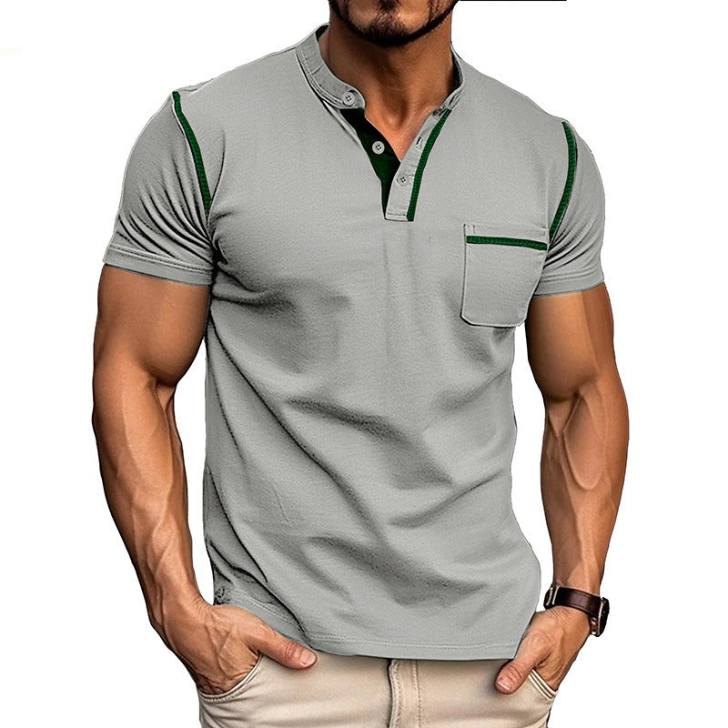 Men's Contrast Color Stripe Pattern Short Sleeve Henley Shirt With Breasted Pocket, Casual And Chic Tops For Summer Outdoors Wear