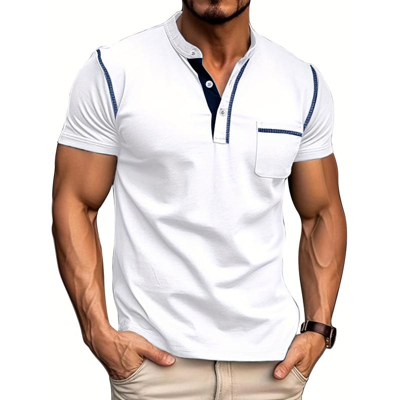 Men's Contrast Color Stripe Pattern Short Sleeve Henley Shirt With Breasted Pocket, Casual And Chic Tops For Summer Outdoors Wear