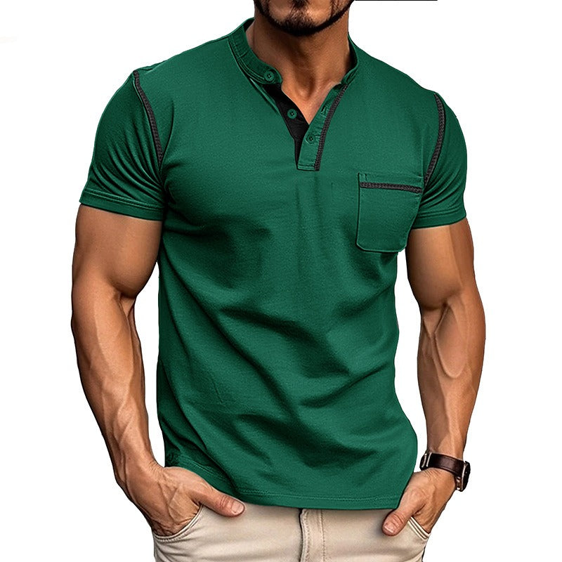 Men's Contrast Color Stripe Pattern Short Sleeve Henley Shirt With Breasted Pocket, Casual And Chic Tops For Summer Outdoors Wear