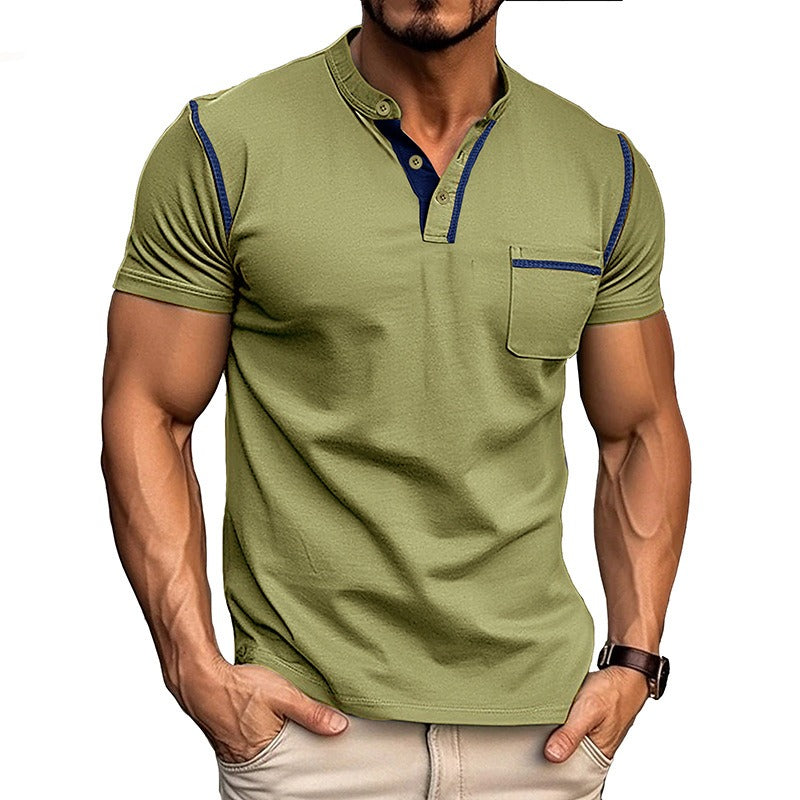 Men's Contrast Color Stripe Pattern Short Sleeve Henley Shirt With Breasted Pocket, Casual And Chic Tops For Summer Outdoors Wear