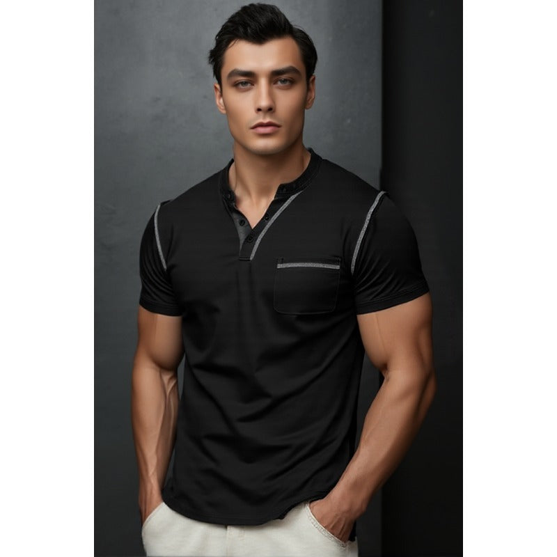 Men's Contrast Color Stripe Pattern Short Sleeve Henley Shirt With Breasted Pocket, Casual And Chic Tops For Summer Outdoors Wear