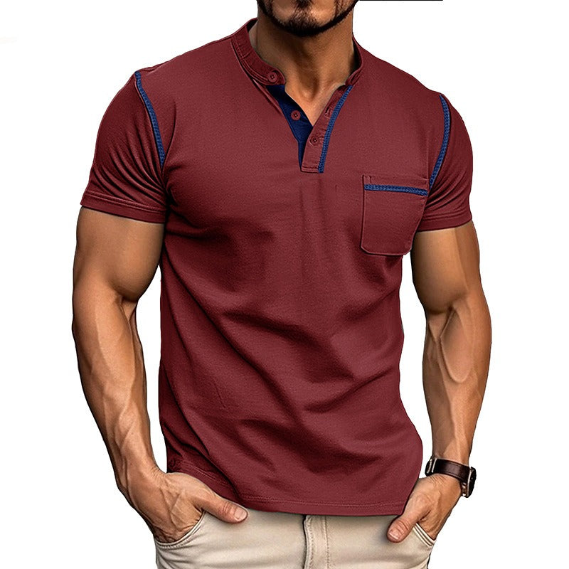 Men's Contrast Color Stripe Pattern Short Sleeve Henley Shirt With Breasted Pocket, Casual And Chic Tops For Summer Outdoors Wear