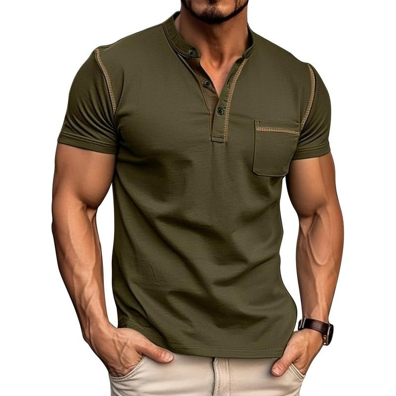 Men's Contrast Color Stripe Pattern Short Sleeve Henley Shirt With Breasted Pocket, Casual And Chic Tops For Summer Outdoors Wear