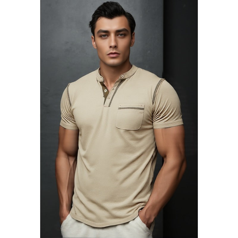 Men's Contrast Color Stripe Pattern Short Sleeve Henley Shirt With Breasted Pocket, Casual And Chic Tops For Summer Outdoors Wear