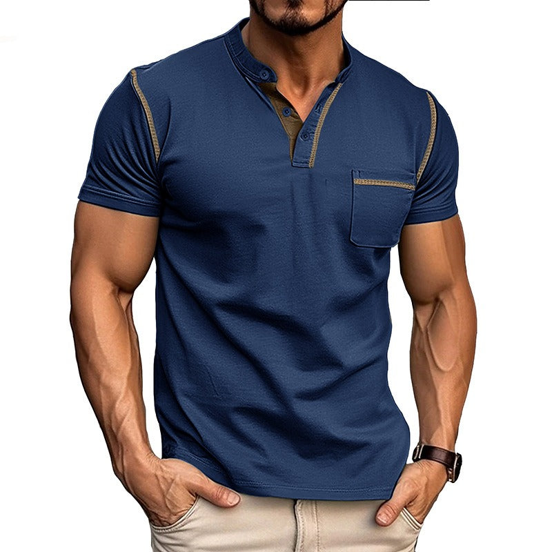 Men's Contrast Color Stripe Pattern Short Sleeve Henley Shirt With Breasted Pocket, Casual And Chic Tops For Summer Outdoors Wear