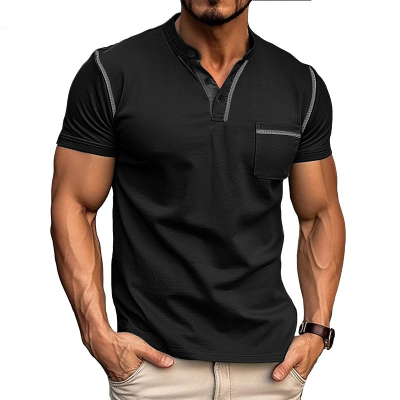 Men's Contrast Color Stripe Pattern Short Sleeve Henley Shirt With Breasted Pocket, Casual And Chic Tops For Summer Outdoors Wear