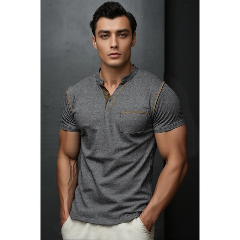 Men's Contrast Color Stripe Pattern Short Sleeve Henley Shirt With Breasted Pocket, Casual And Chic Tops For Summer Outdoors Wear