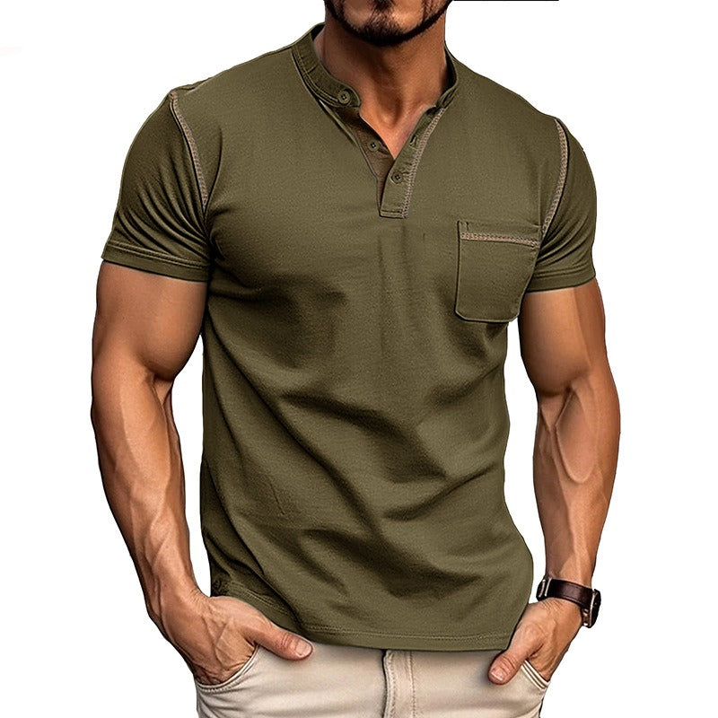 Men's Contrast Color Stripe Pattern Short Sleeve Henley Shirt With Breasted Pocket, Casual And Chic Tops For Summer Outdoors Wear